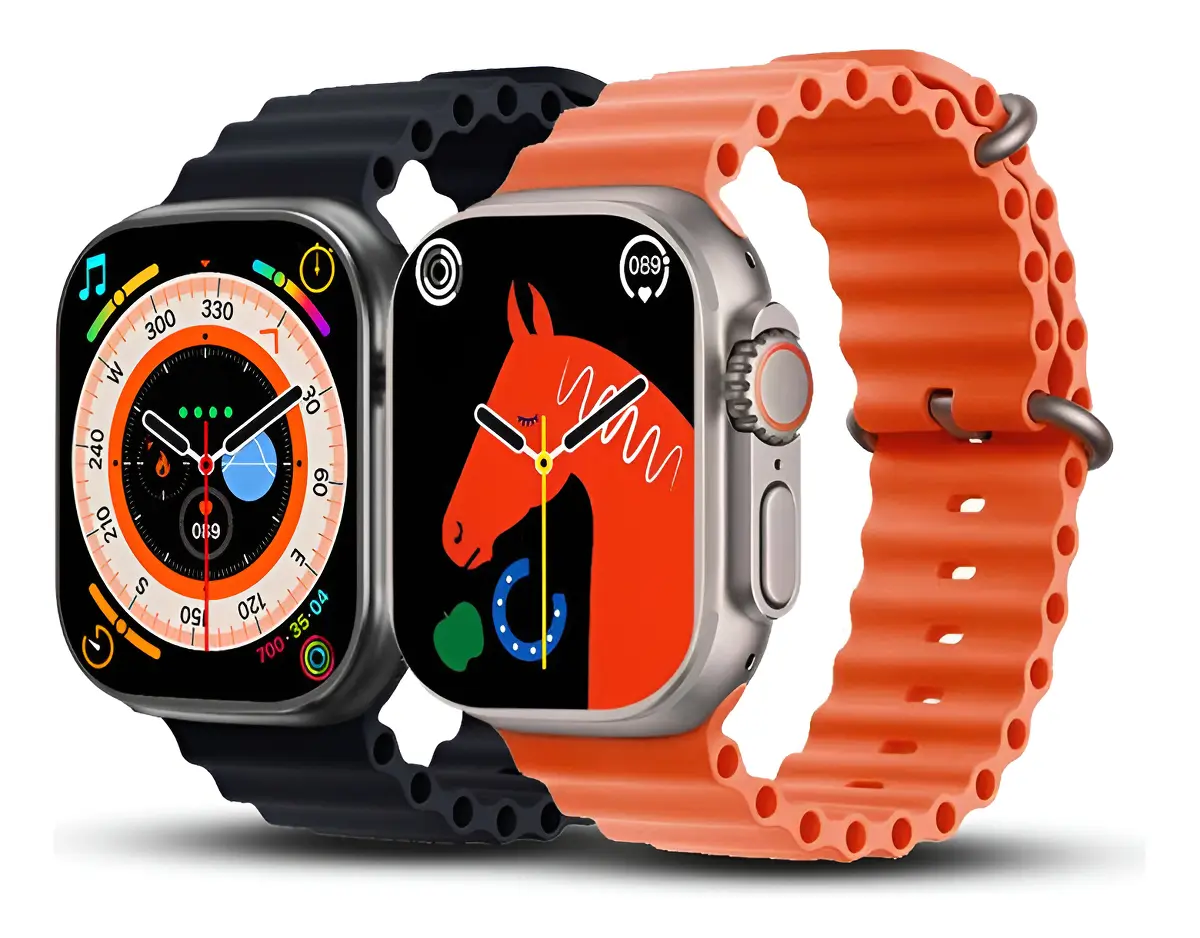 Smartwatch UltraPro10 nas cores preta e laranja, lado a lado